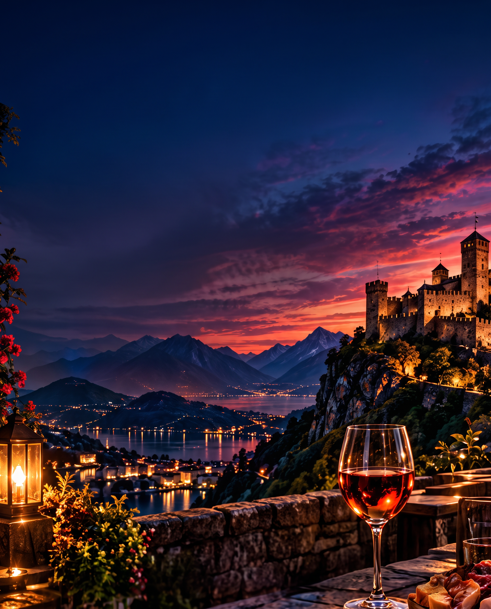 Paesaggio ticinese con castello, lago, palme e specialità locali